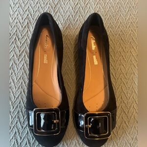 Clarks Women's Black Suede Flats with Gold and Black  Buckle